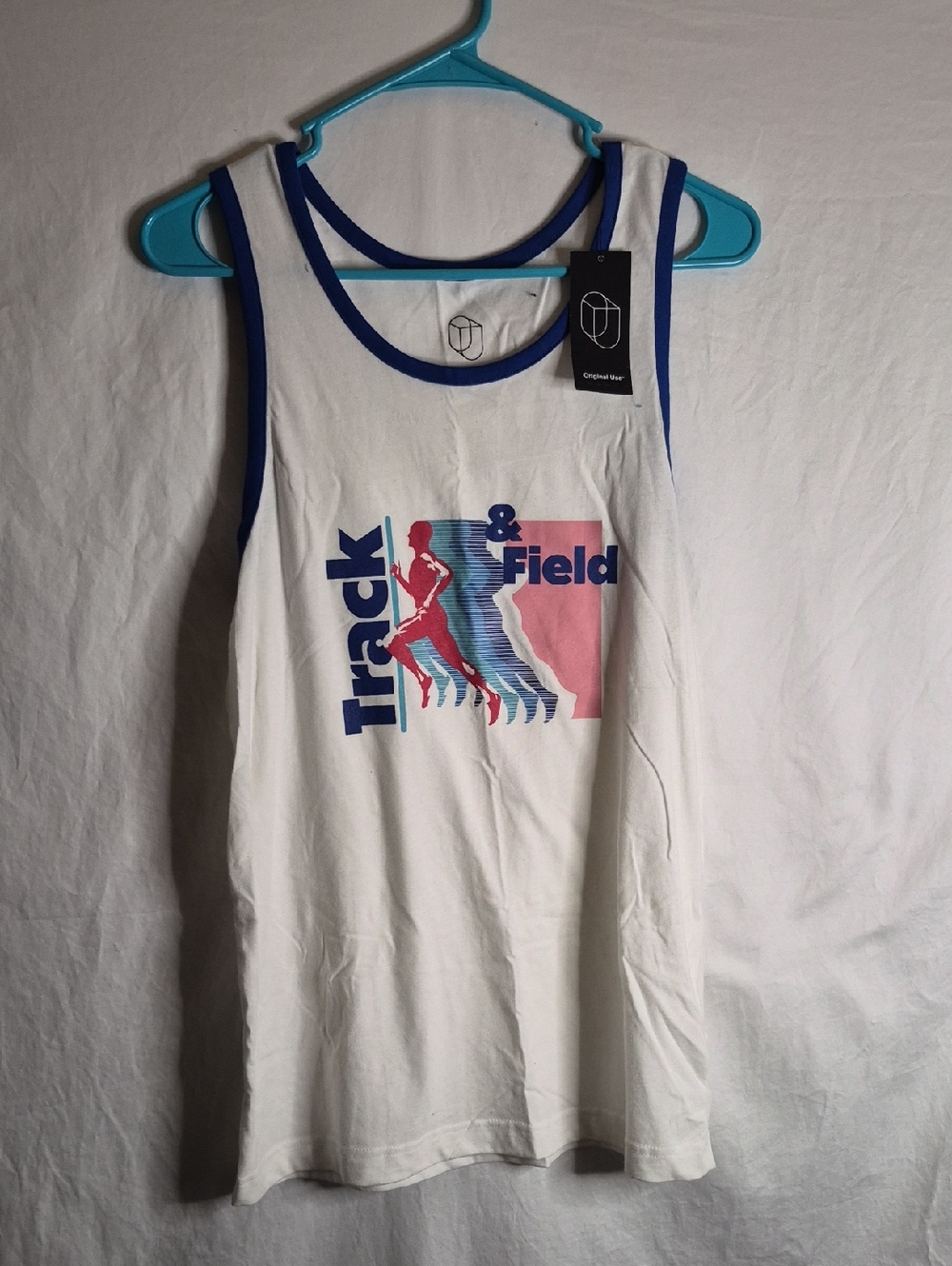 Original Use White Tank with Blue Trim and Pink Graphic